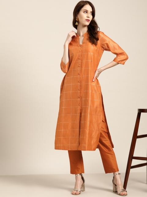 

all about you Women Rust Brown & Golden Self Checked Kurta with Solid Trousers