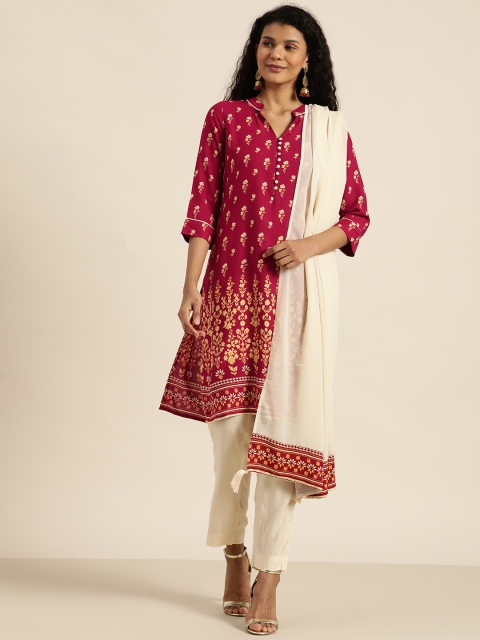 

all about you Women Maroon & Off-White Printed Kurta with Trousers & Dupatta