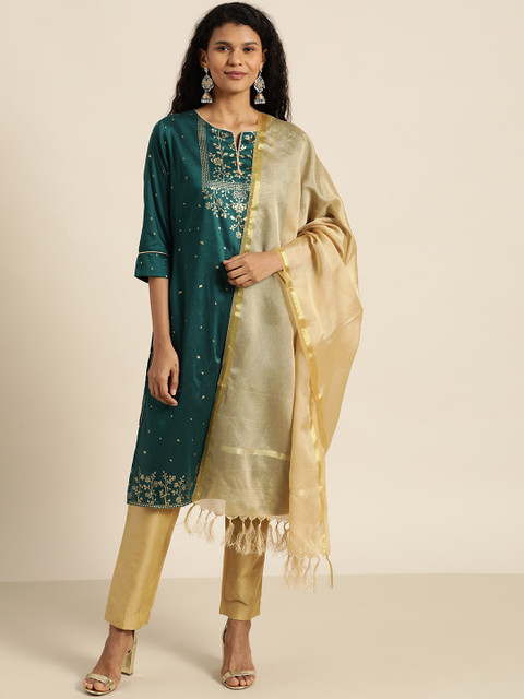 

all about you Women Teal Green & Beige Printed Kurta with Trousers & Dupatta