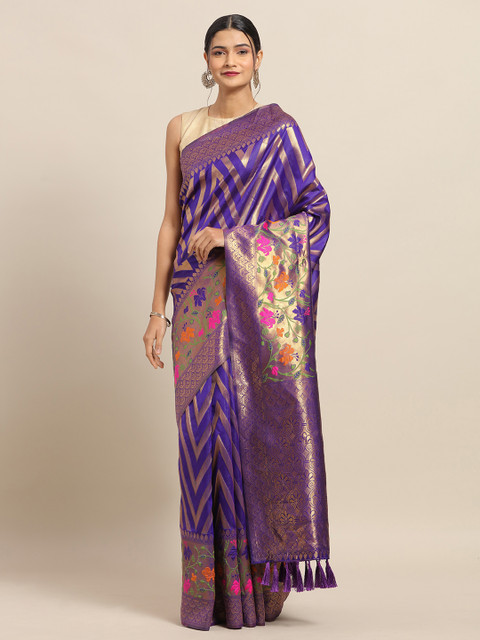 

VASTRANAND Violet & Gold-Toned Silk Cotton Woven Design Banarasi Saree