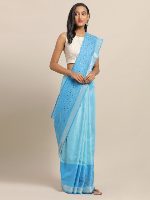 

VASTRANAND Blue Embellished Linen Blend Saree