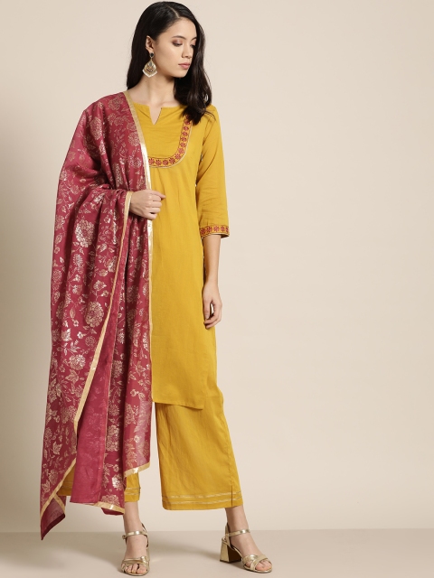 

all about you Women Mustard Yellow Solid Kurta with Palazzos & Dupatta