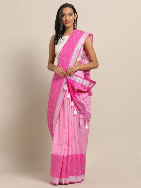 

VASTRANAND Pink Linen Blend Embellished Banarasi Saree