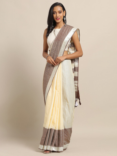 

VASTRANAND Off-White & Brown Linen Blend Embellished Banarasi Saree