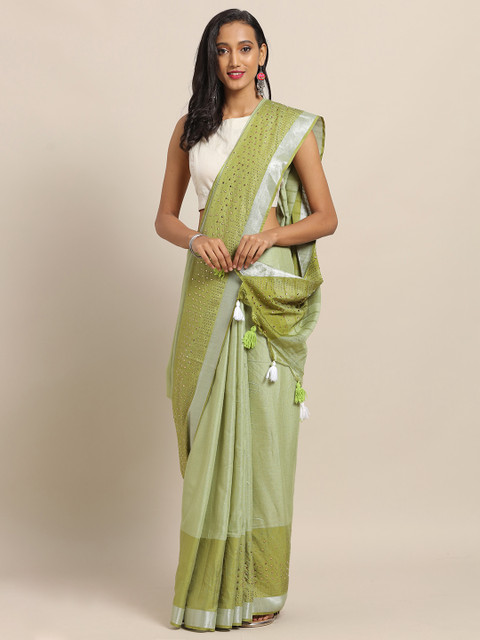 

VASTRANAND Green Embellished Linen Blend Saree