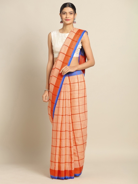 

VASTRANAND Orange & Blue Linen Blend Checked Banarasi Saree