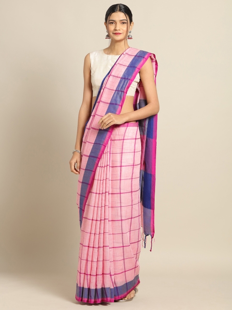 

VASTRANAND Pink & Navy Blue Linen Blend Checked Banarasi Saree