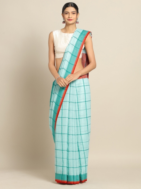 

VASTRANAND Blue & Red Linen Blend Checked Banarasi Saree