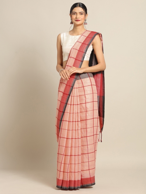 

VASTRANAND Peach-Coloured & Red Linen Blend Checked Banarasi Saree