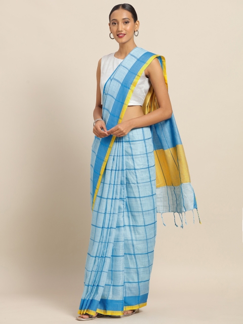 

VASTRANAND Blue Linen Blend Checked Banarasi Saree