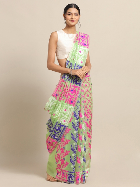 

VASTRANAND Green & Purple Silk Blend Printed Jamdani Saree