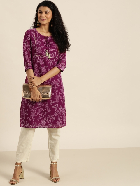 

all about you Women Purple & Off-White Printed Straight Kurta