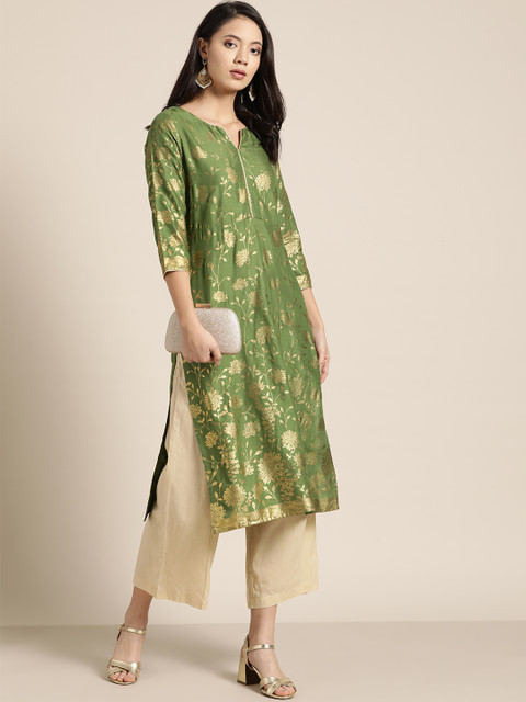 

all about you Women Olive Green & Golden Floral Print Straight Kurta