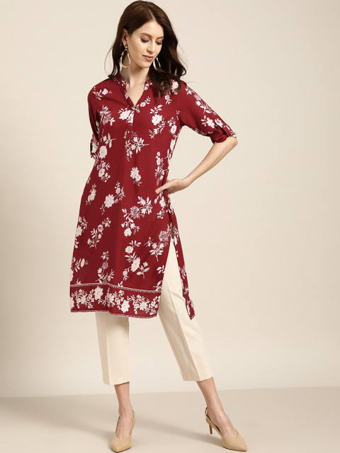 

all about you Women Maroon & White Floral Print Straight Kurta