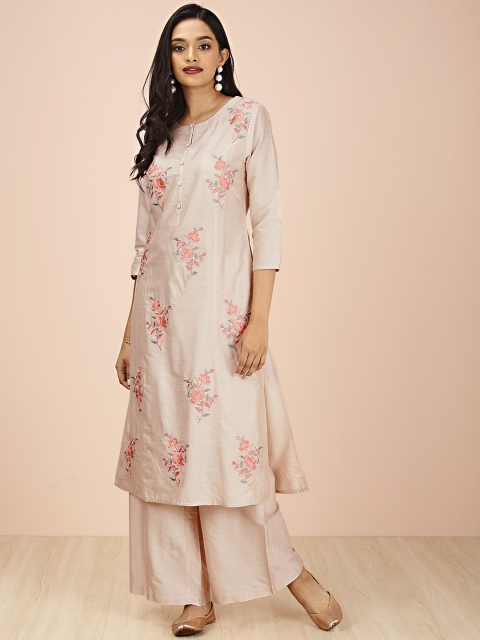 

all about you Women Beige Floral Embroidered Kurta with Trousers
