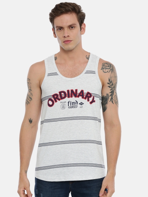 

IMYOUNG Men White & Black Striped Scoop Neck T-shirt