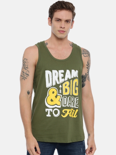 

IMYOUNG Men Olive Green Slim Fit Printed Scoop Neck T-shirt