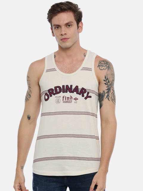 

IMYOUNG Men Beige Striped Round Neck T-shirt