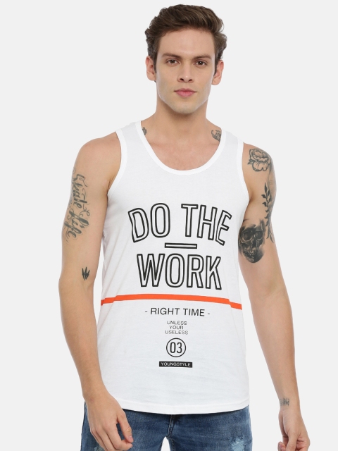 

IMYOUNG Men White & Black Printed Round Neck SleevelessT-shirt