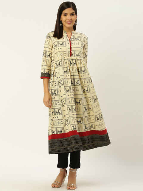 

RANGMAYEE Women Beige & Black Quirky Block Print A-Line Kurta