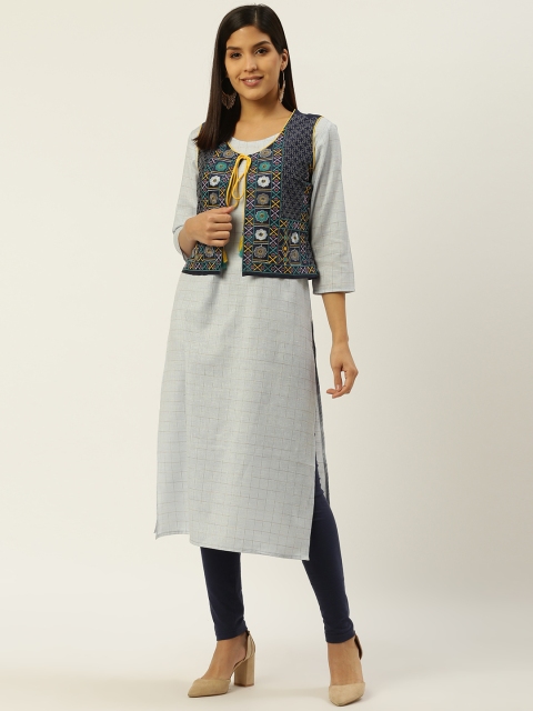 

RANGMAYEE Women Blue & Beige Checked Straight Kurta with Ethnic Jacket