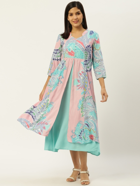 

RANGMAYEE Women Pink & Blue Layered Printed A-Line Dress