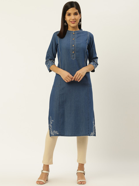 

RANGMAYEE Women Blue Embroidered Detail Denim Straight Kurta
