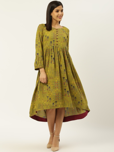 

RANGMAYEE Women Olive Green & Red Printed A-Line Dress