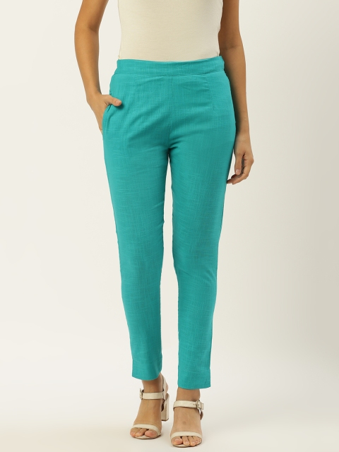 

RANGMAYEE Women Turquoise Blue Straight Fit Solid Regular Trousers