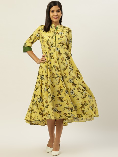 

RANGMAYEE Women Yellow & Brown Floral Print A-Line Dress