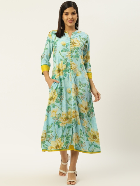 

RANGMAYEE Women Blue & Yellow Floral Print A-Line Dress