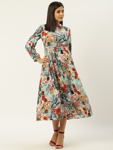 

RANGMAYEE Women Sea Green & Red Tropical Printed Shirt Dress