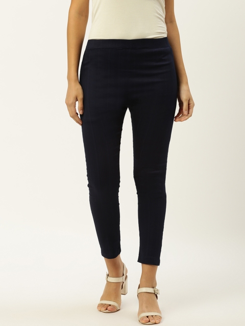 

Rangmayee Women Navy Blue Straight Fit Striped Cropped Treggings