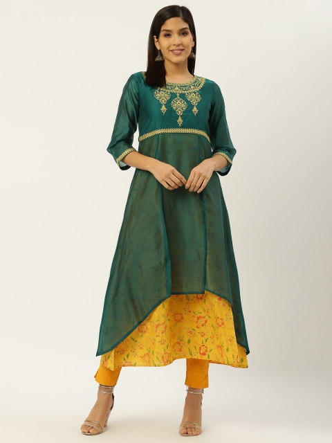 

RANGMAYEE Women Teal Green & Yellow Yoke Design Layered A-Line Kurta