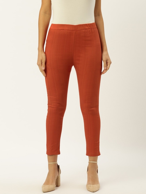 

RANGMAYEE Women Rust Brown Regular Fit Cropped Self-Striped Trousers