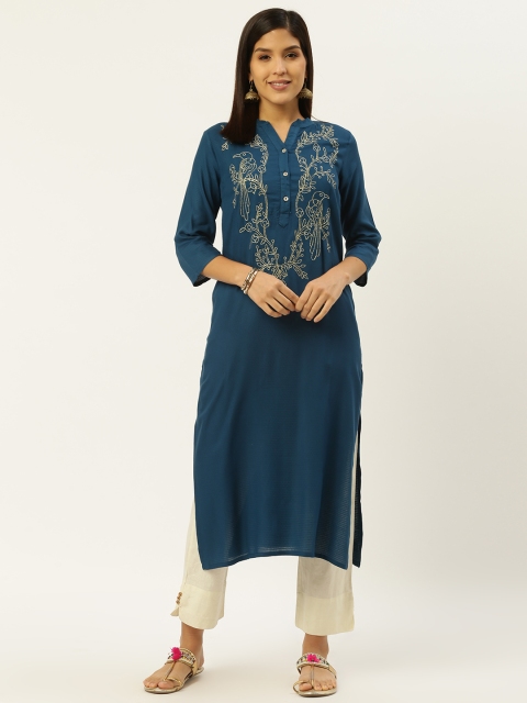 

RANGMAYEE Women Teal Blue & Off-White Yoke Design Kurta with Trousers