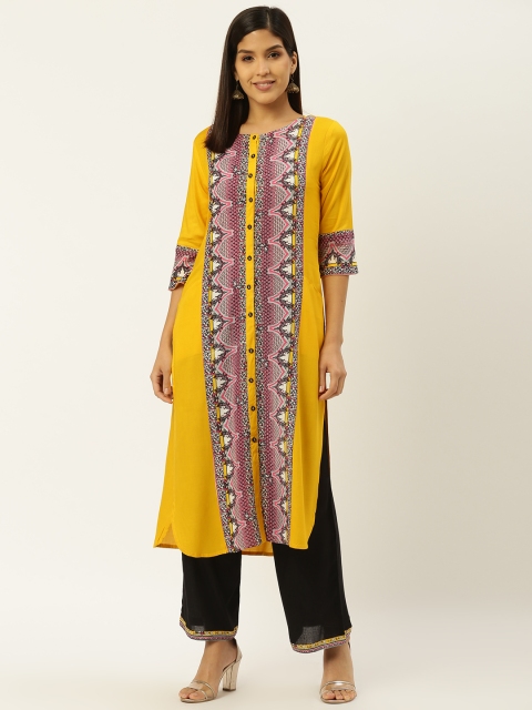 

RANGMAYEE Women Mustard Yellow & Black Printed Kurta with Palazzos