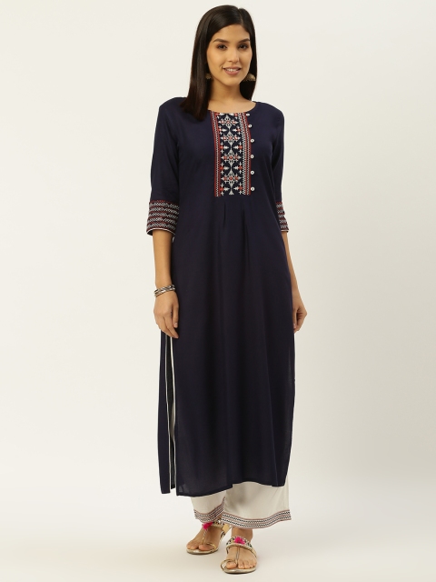 

RANGMAYEE Women Navy Blue & Off-White Yoke Design Kurta with Palazzos