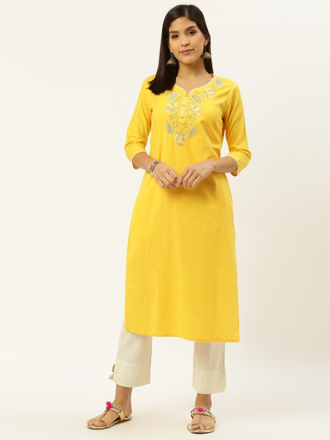 

RANGMAYEE Women Yellow & Off-White Yoke Design Kurta with Trousers