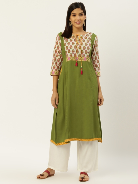 

RANGMAYEE Women Green & White Ethnic Motifs Print A-Line Kurta with Palazzos