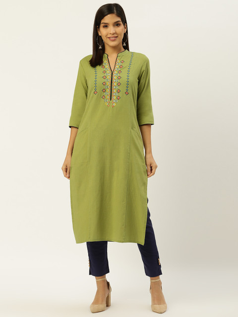 

RANGMAYEE Women Green & Navy Blue Yoke Design Kurta with Trousers