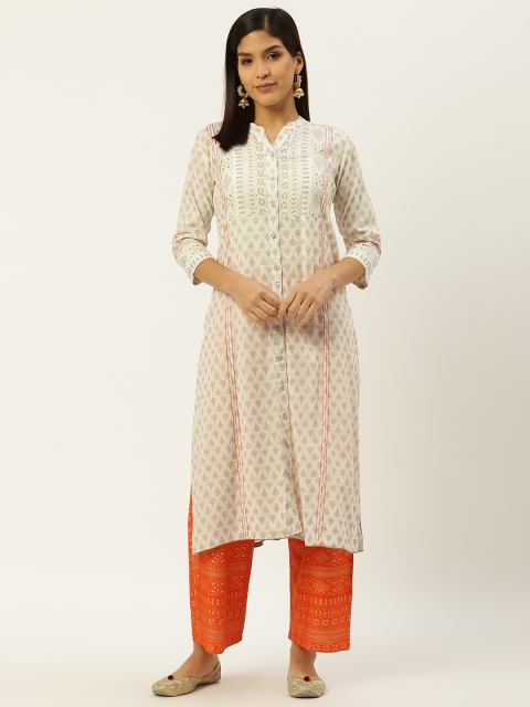 

RANGMAYEE Women Off-White & Orange Printed Kurta with Palazzos