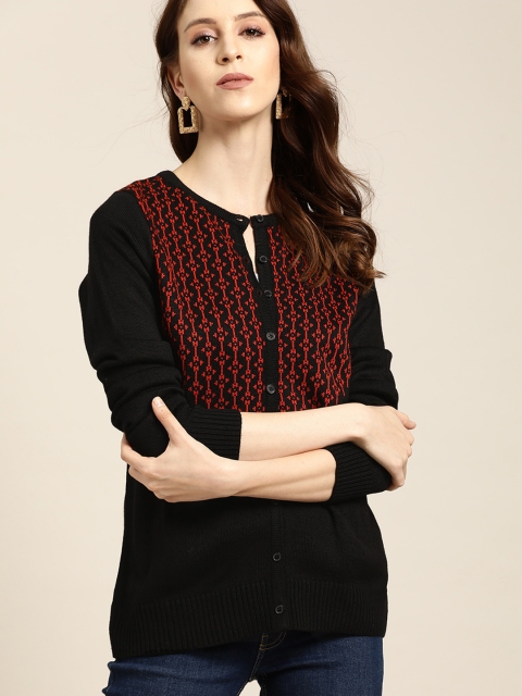 Women Black & Orange Self Design Cardigan
