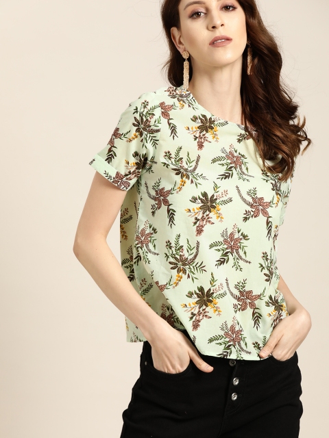 

all about you Women Green & Brown Floral Print Pure Cotton Top