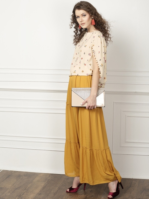 

all about you Women Cream-Coloured & Mustard Yellow Floral Print Cape Top