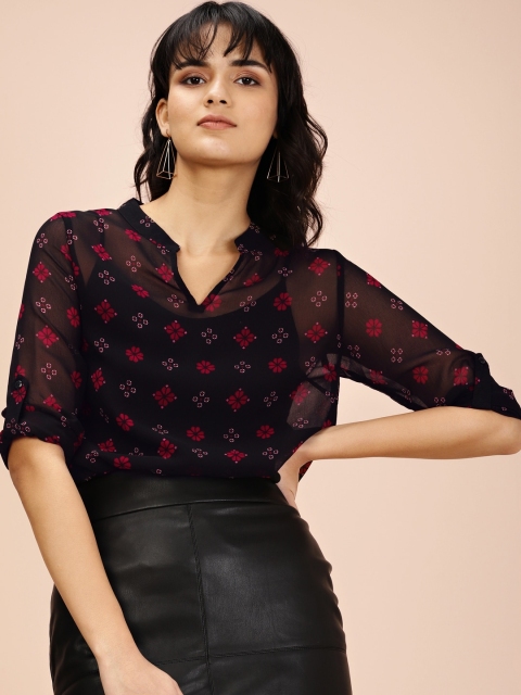 

all about you Black & Maroon Ethnic Motifs Roll-Up Sleeved Semi-Sheer Printed Top