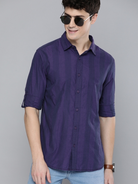 

HERE&NOW Men Navy Blue Slim Fit Striped Casual Shirt