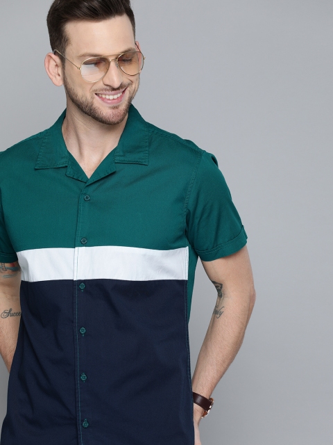 

HERE&NOW Men Navy Blue & Green Slim Fit Colourblocked Casual Shirt