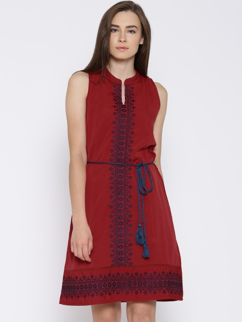 

Tokyo Talkies Maroon Embroidered A-Line Dress with Belt