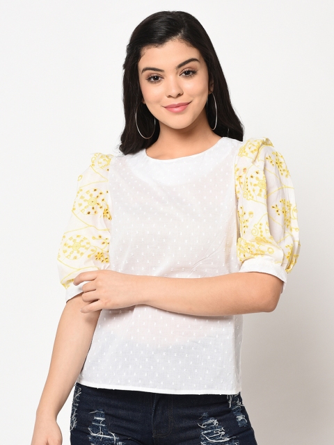 

SQew Women White & Yellow Embroidered Top